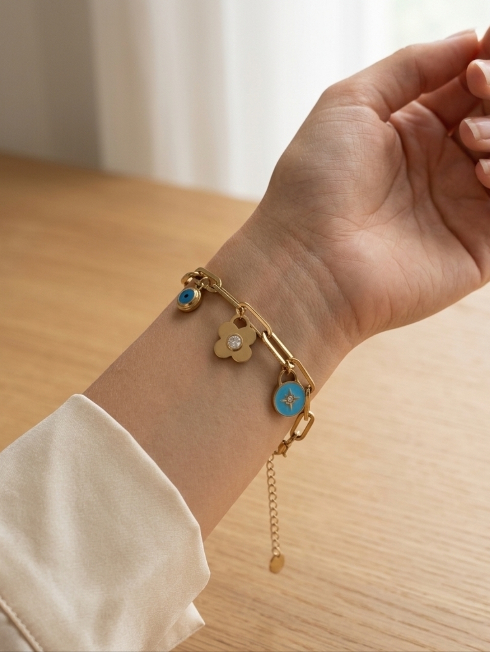 18K Yellow Gold Over Stainless Steel Three Charm Link Bangle Bracelet